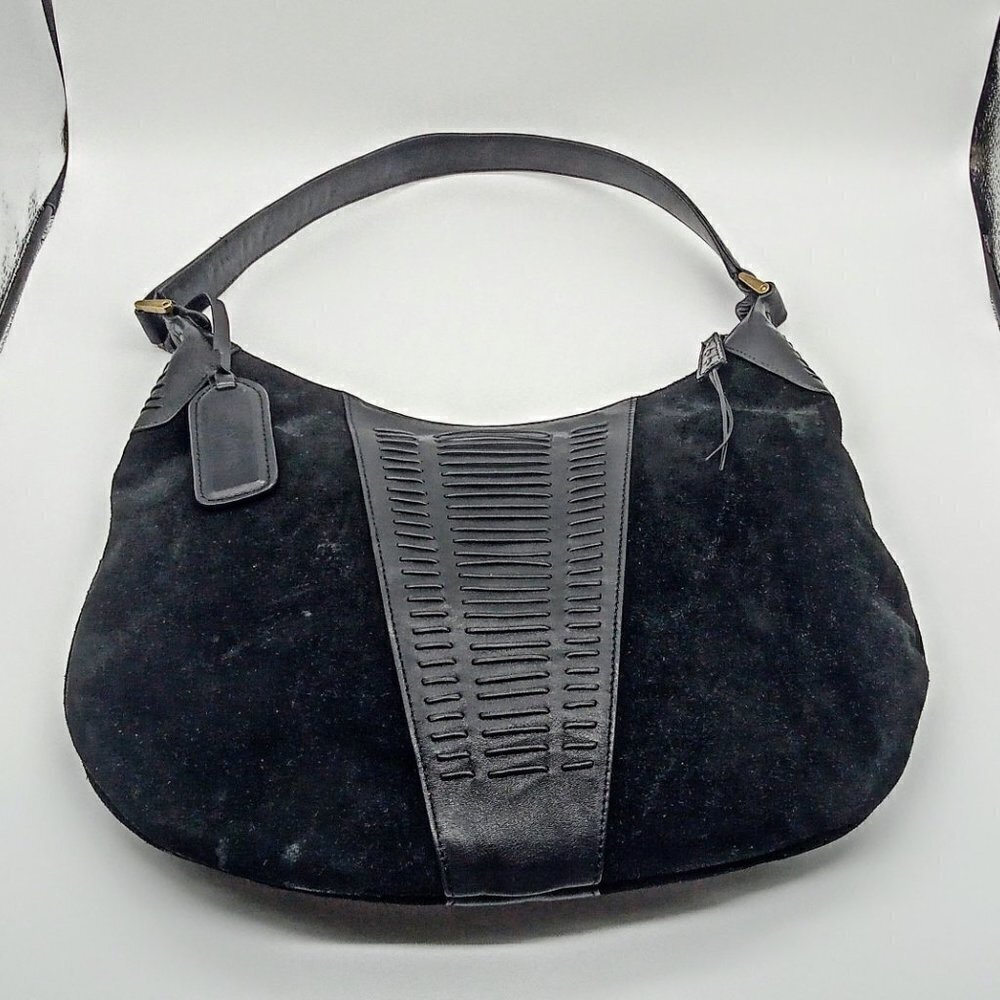 Prague Black Leather Suede Hobo Shoulder Bag